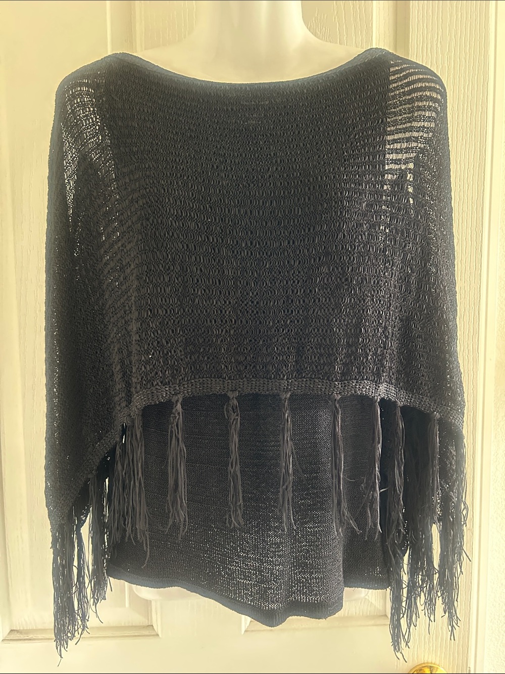 Colleen Lopez Black Open-Weave Fringe Poncho Sweater